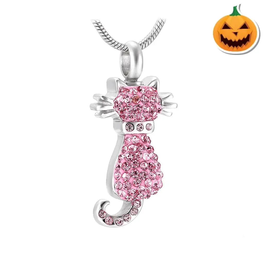 J-921 - Cat With Rhinestones Pendant Chain Pink