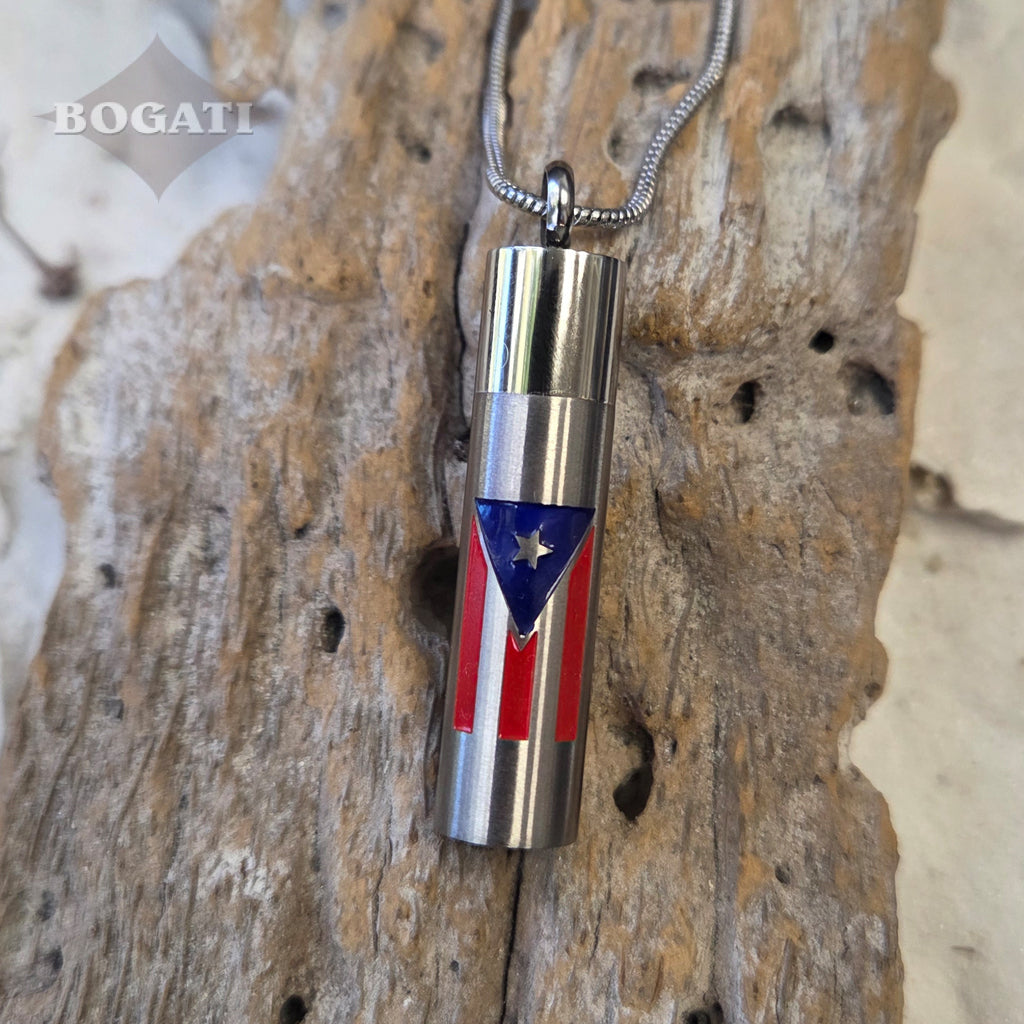 J-CYL-PRF - Puerto Rican Flag Cylinder - Silver-tone - Pendant with Chain