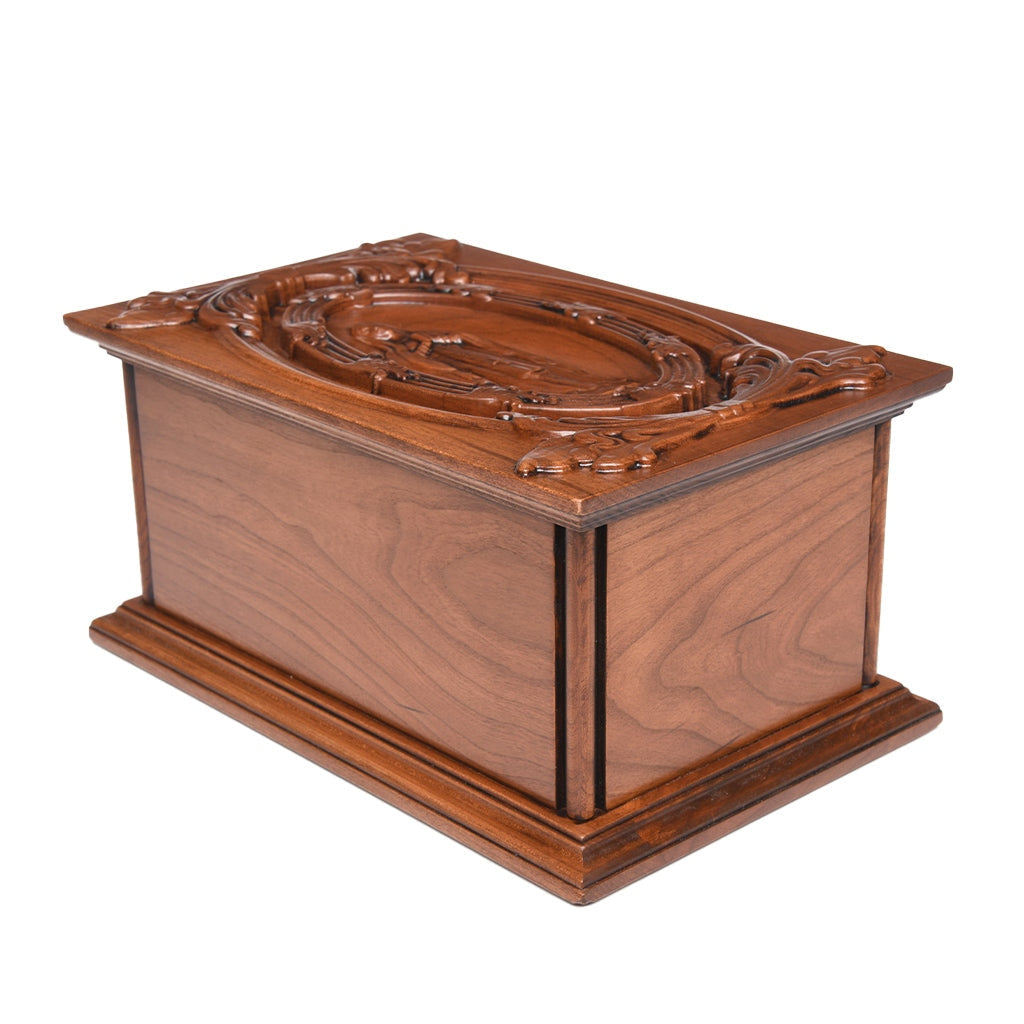 ADULT - Cherry Wood Handmade Carved Urn with the Virgin Mary