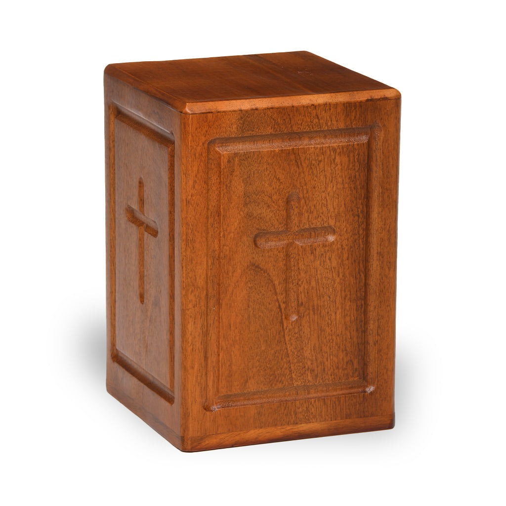 ADULT - Mango Wood Rustic Tower Urn - Border and Cross - Case of 6