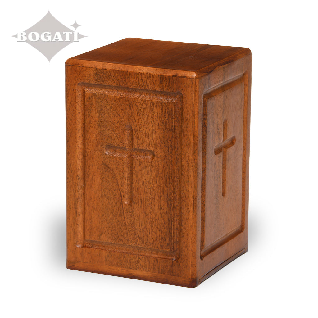 ADULT - Mango Wood Rustic Tower Urn - Border and Cross - Case of 6