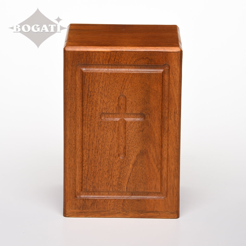 ADULT - Mango Wood Rustic Tower Urn - Border and Cross - Case of 6