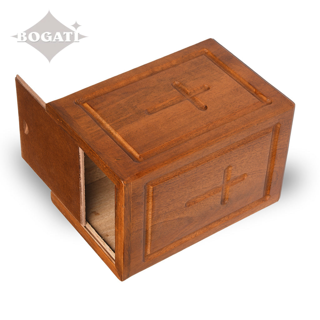 ADULT - Mango Wood Rustic Tower Urn - Border and Cross - Case of 6