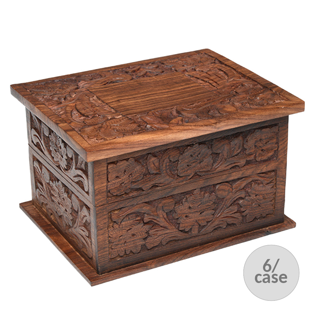 ADULT - Rosewood Memory Box Urn - Rustic look - Leaf Design - Case of 6
