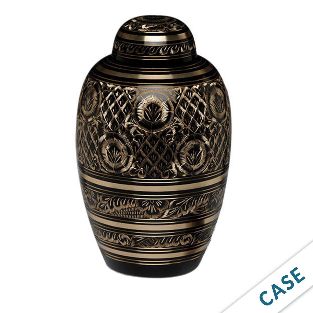 CLEARANCE - ADULT – Brass Urn -1509- Floral Etched Brass with Dome Top- Black and Gold - Case of 4