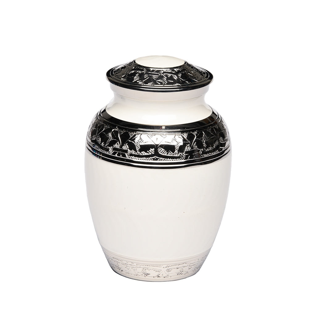 MEDIUM Nickel Plated Brass Urn -1528- Fleur-de-Lis White
