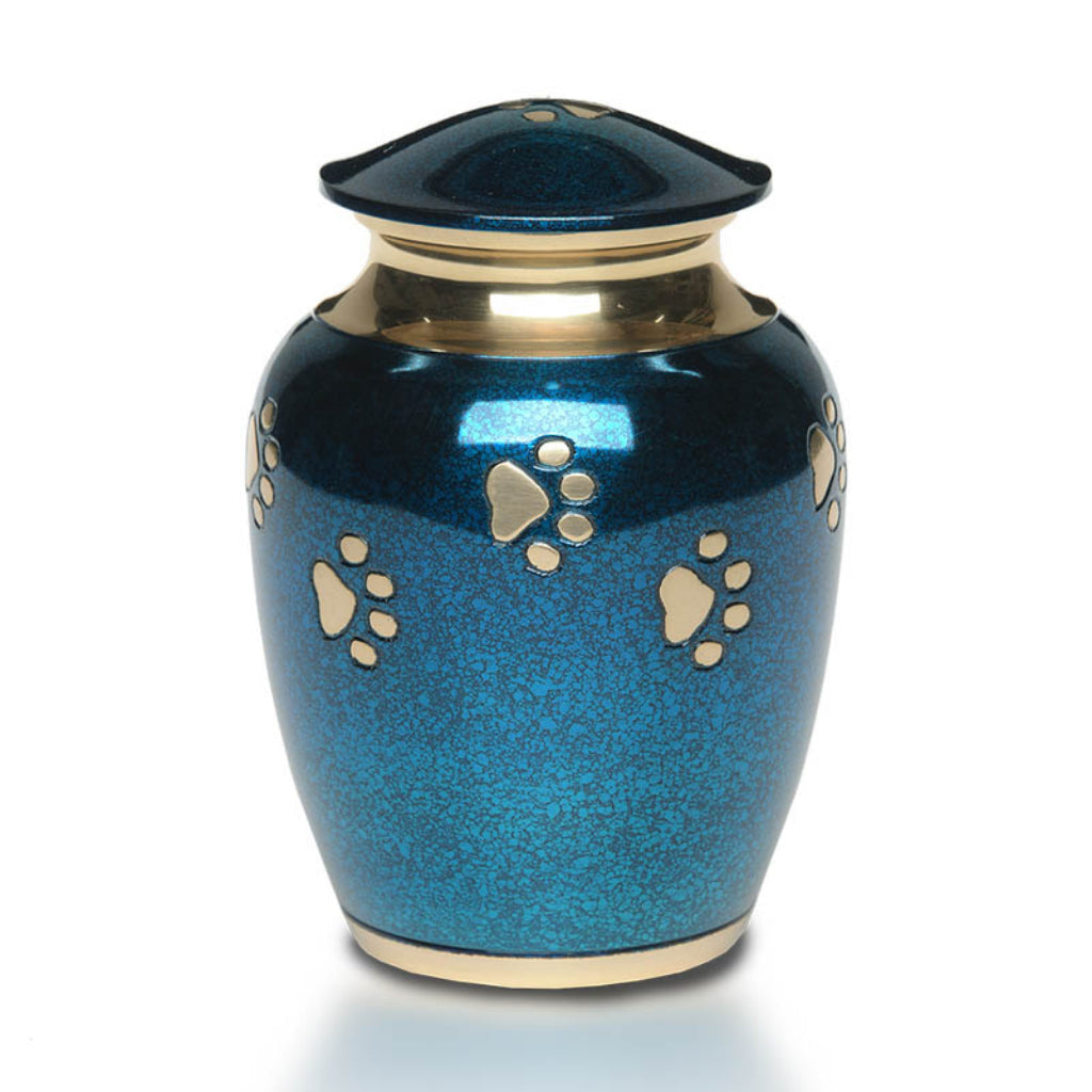 IMPERFECT SMALL Brass Pet Urn -1650- "Forever Paws" - Gold and Blue