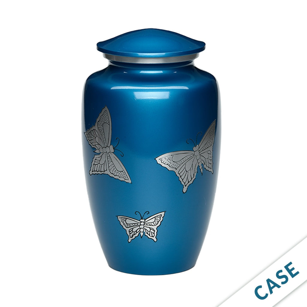 ADULT -Classic Alloy Urn -2415– with engraved BUTTERFLIES - Case of 4 Blue