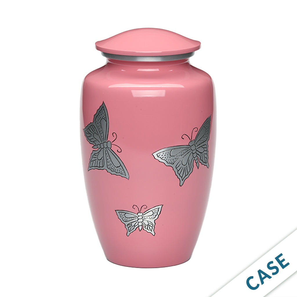 ADULT -Classic Alloy Urn -2415– with engraved BUTTERFLIES - Case of 4 Pink