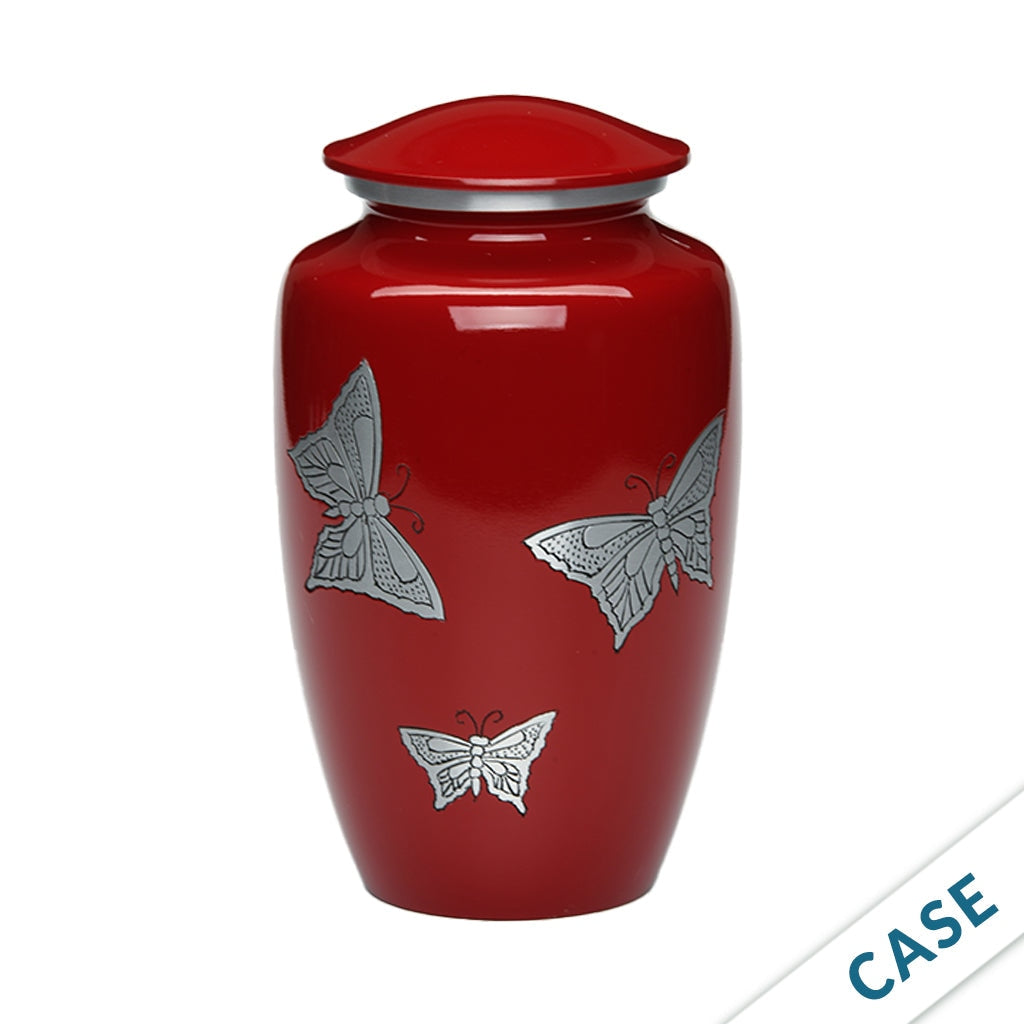 ADULT -Classic Alloy Urn -2415– with engraved BUTTERFLIES - Case of 4 Red