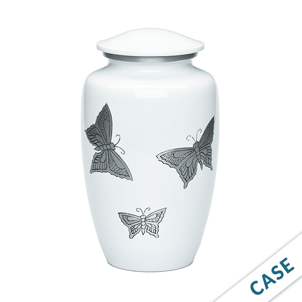 ADULT -Classic Alloy Urn -2415– with engraved BUTTERFLIES - Case of 4 White