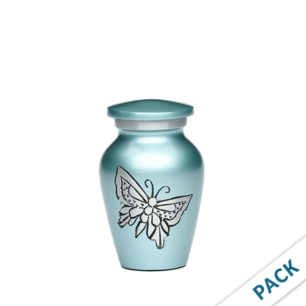 KEEPSAKE -Classic Alloy Urn -2415– with engraved BUTTERFLIES - Pack of 10 Teal