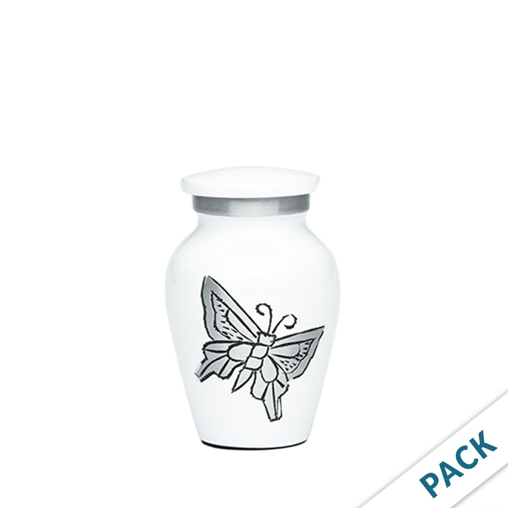 KEEPSAKE -Classic Alloy Urn -2415– with engraved BUTTERFLIES - Pack of 10 White