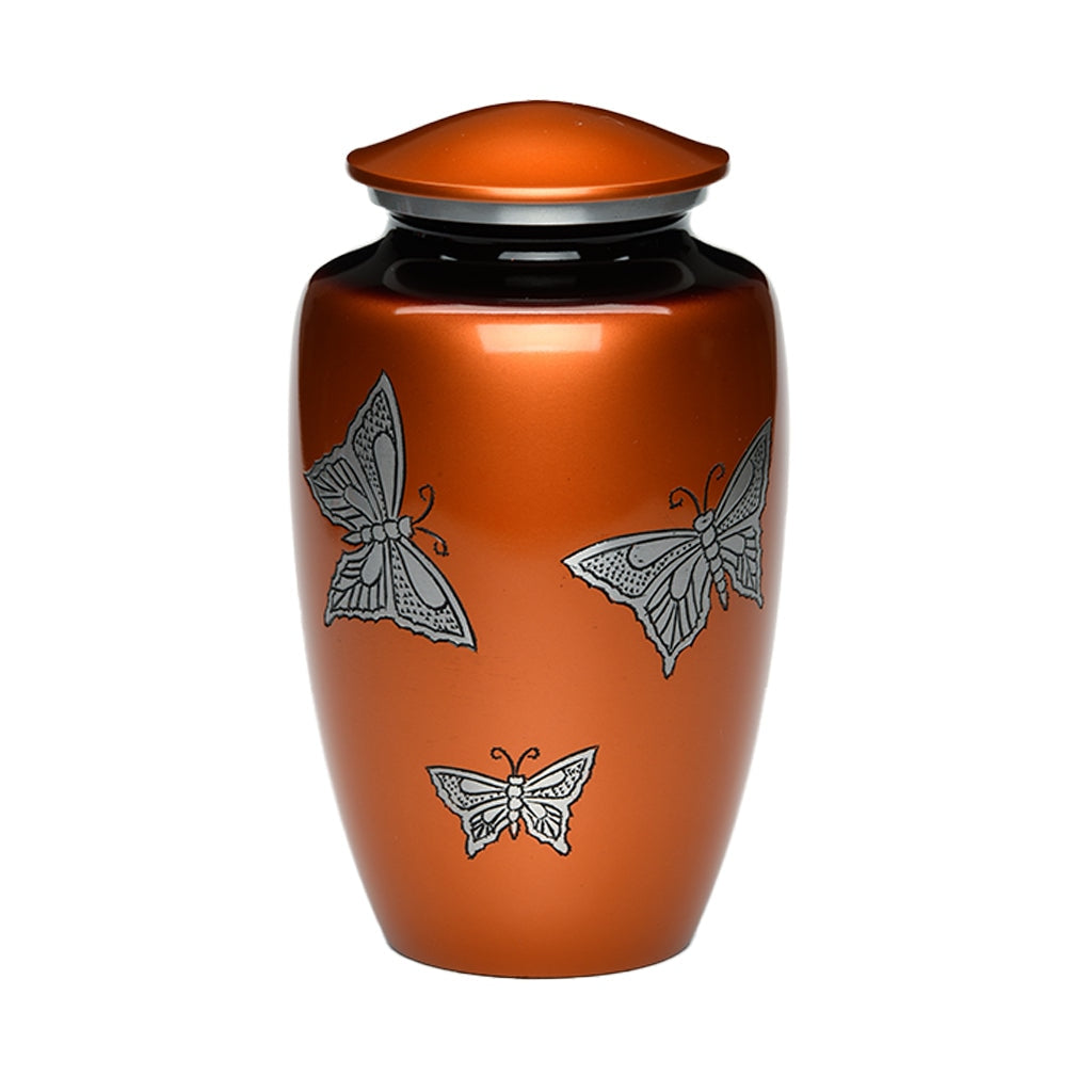 CLEARANCE ADULT -Classic Alloy Urn -2415– with engraved BUTTERFLIES Rust