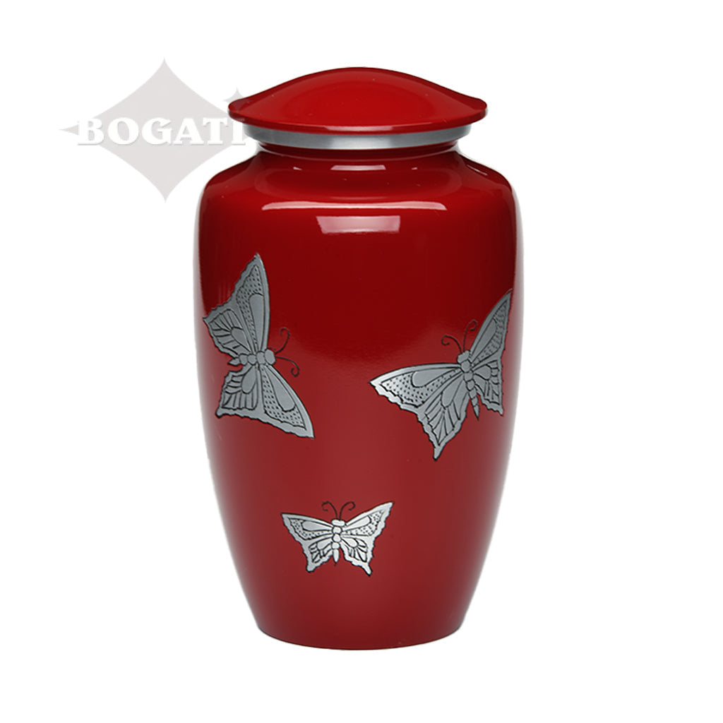 ADULT -Classic Alloy Urn -2415– with engraved BUTTERFLIES Red
