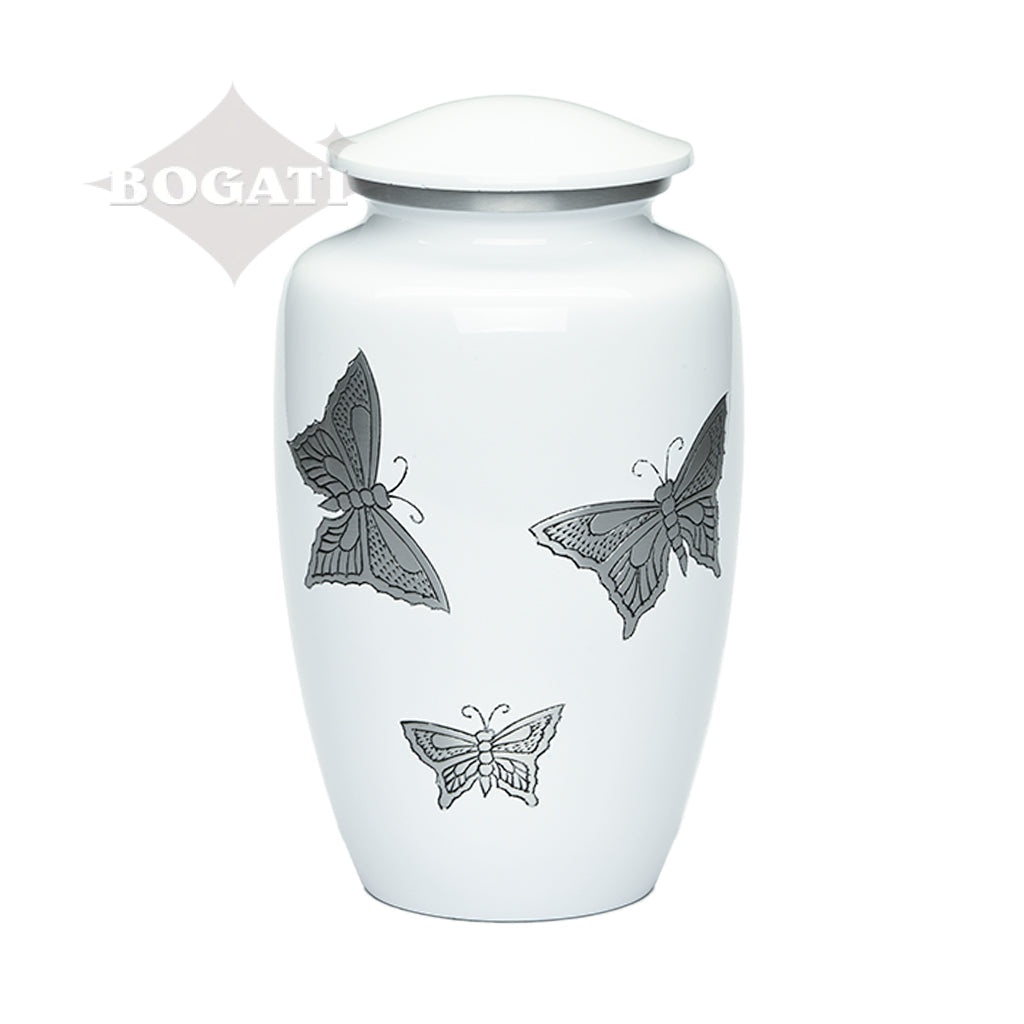 ADULT -Classic Alloy Urn -2415– with engraved BUTTERFLIES White