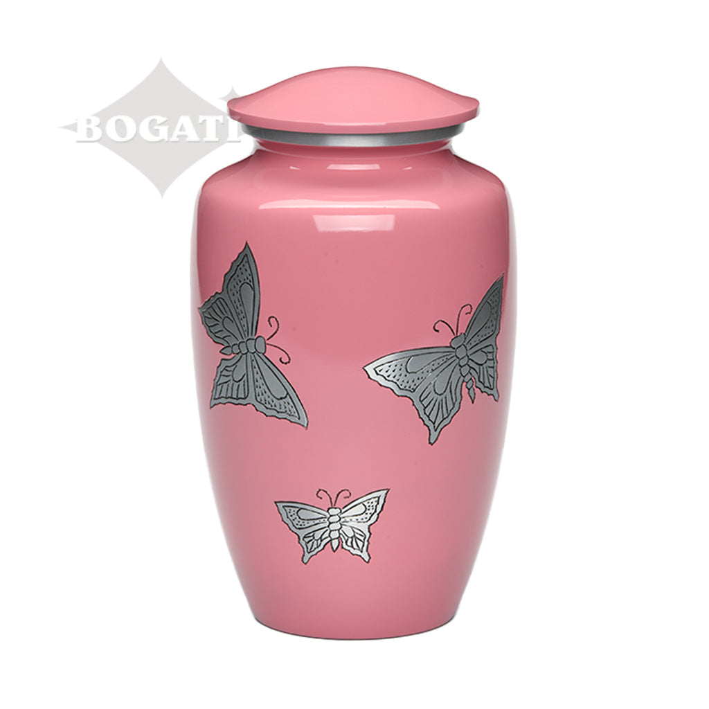 ADULT -Classic Alloy Urn -2415– with engraved BUTTERFLIES Pink
