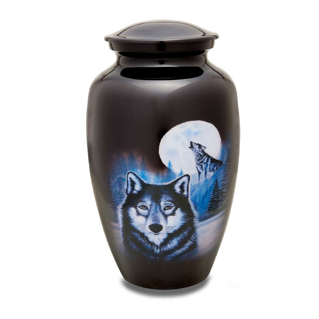 ADULT- Alloy urn - Hand Painted Moonlit Wolf Black