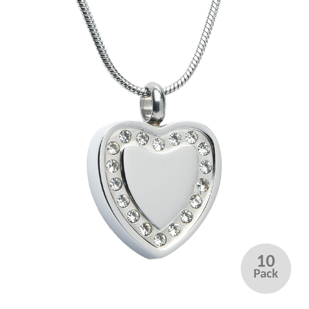 J-764- Silver Heart with Rhinestones – Pendant with Chain - Pack of 10