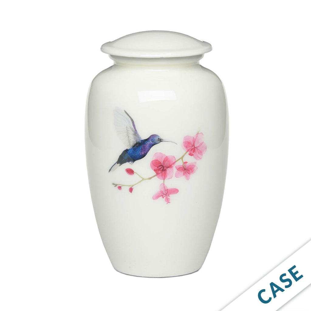 ADULT -Classic Alloy Urn - 4000 Series – WHITE with Illustration - Case of 4 or 6 Hummingbird 6