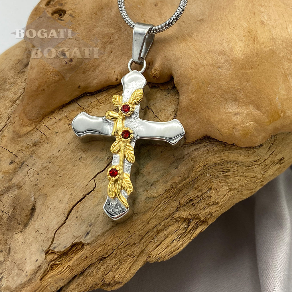 J-012 - Flower Cross - Gold & Silver Tones - Pendant with Chain