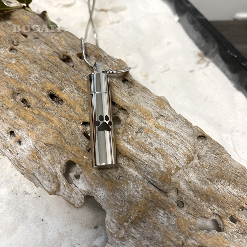 J-016 - Cylinder with Black Paw Print - Silver-tone - Pendant with Chain - Pack of 10