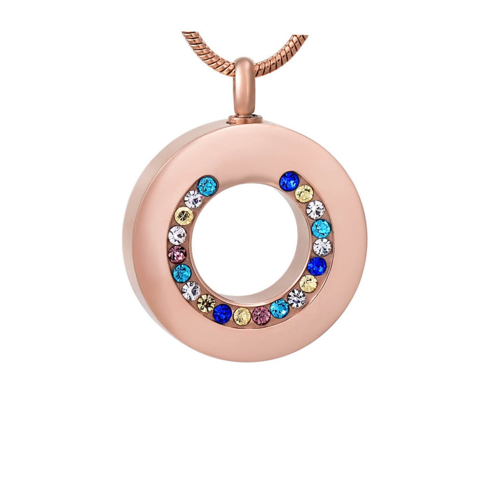CLEARANCE J-1012 - Circle with Colorful Stones - Pendant with Chain Rose Gold