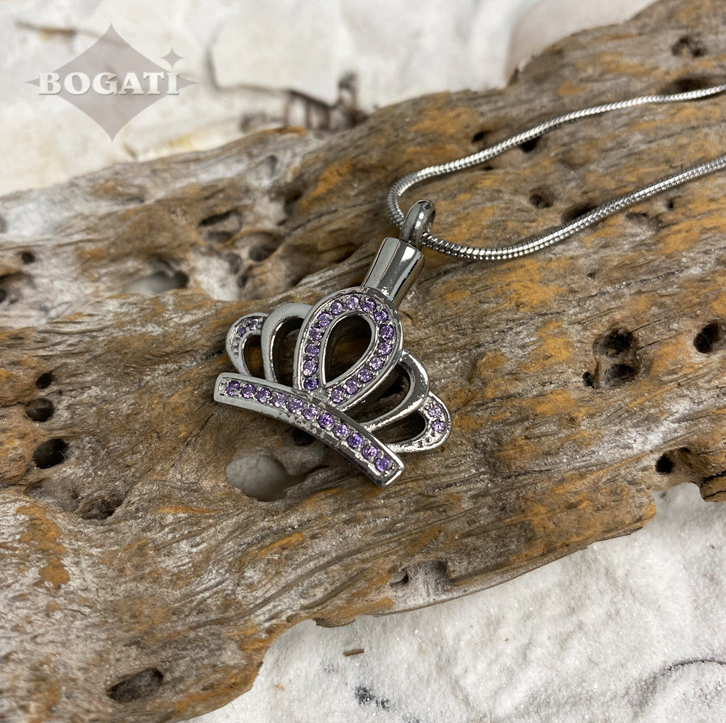 CLEARANCE J-117 Silver-tone Crown with Purple  Rhinestones - Pendant with Chain