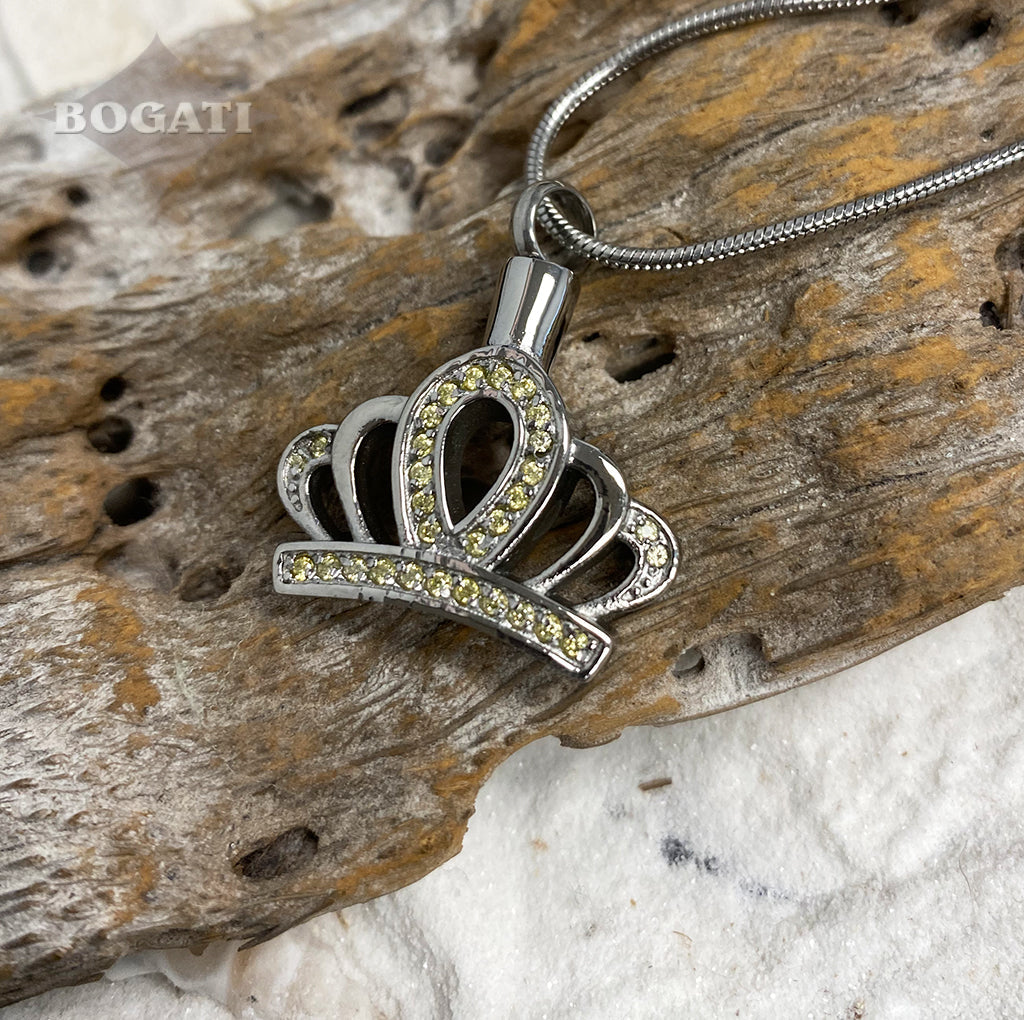 CLEARANCE J-117 Silver-tone Crown with Yellow Rhinestones - Pendant with Chain
