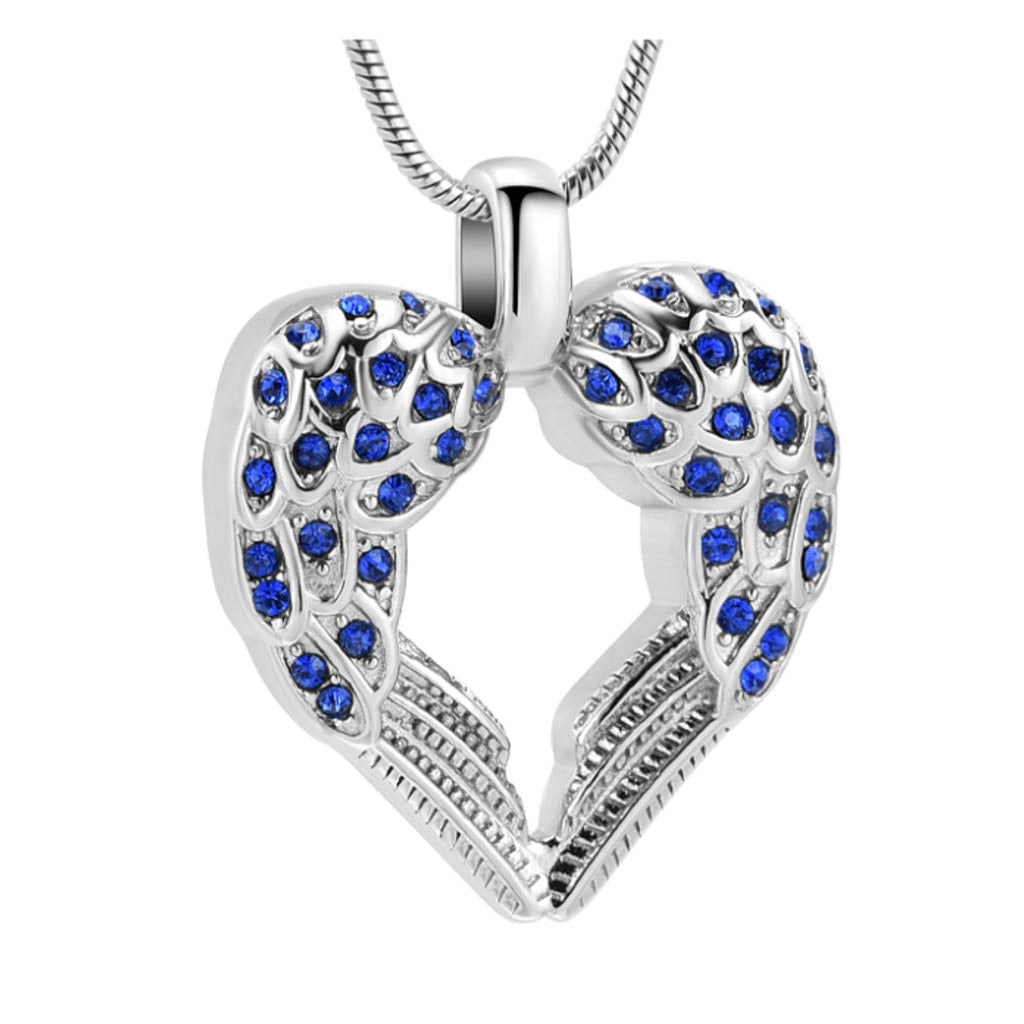 J-1950 - Winged Heart with Blue Stones - Silver-tone - Pendant with Chain