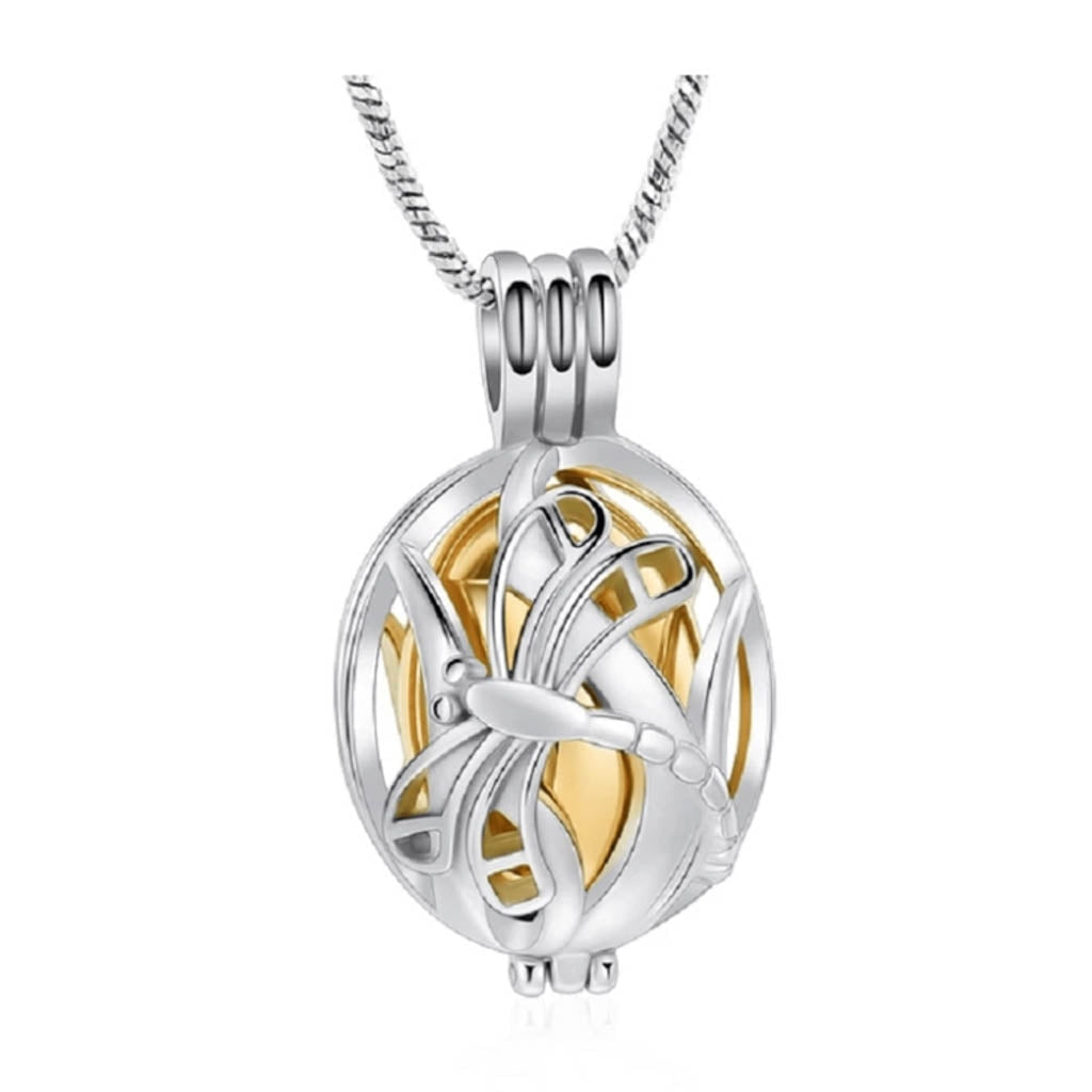 J-2050 Dragonfly Locket with Gold Insert - Silver-tone - Pendant with Chain