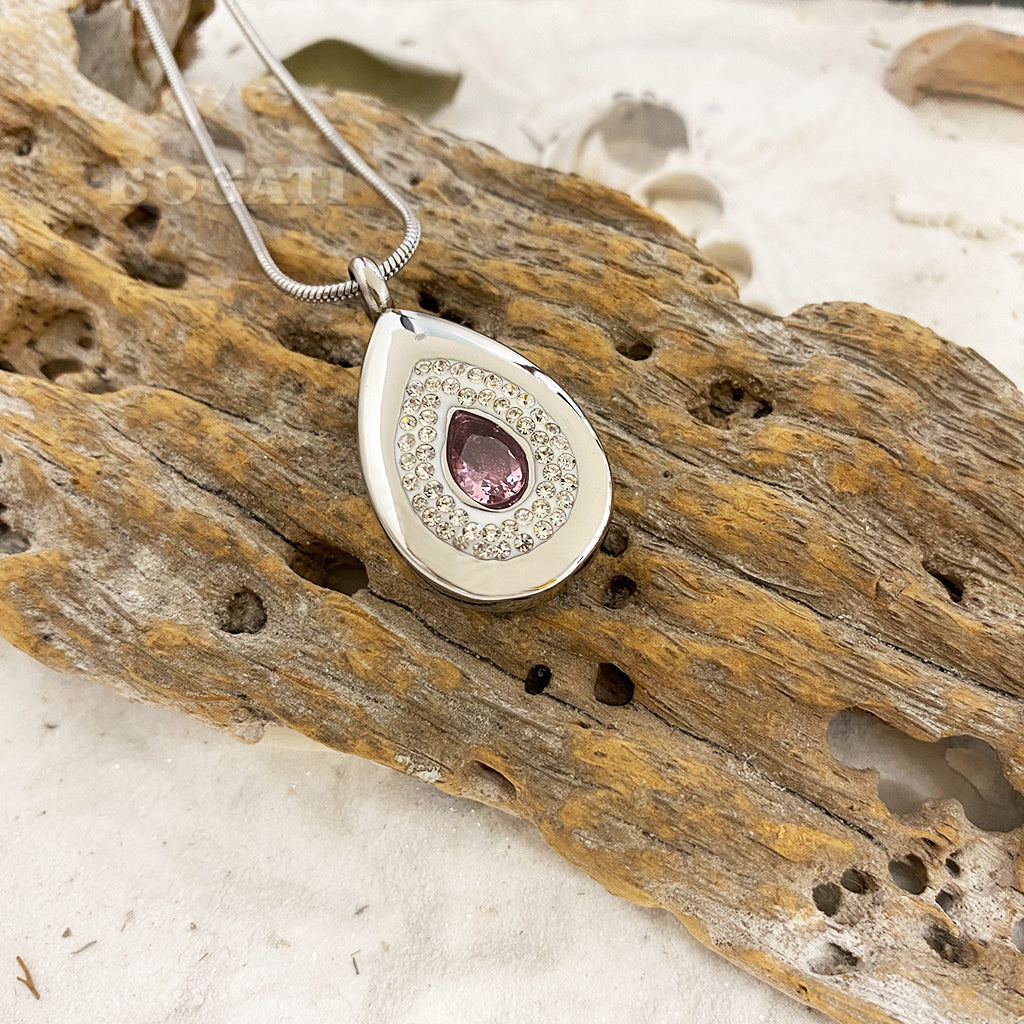Light Amethyst Teardrop with Rhinestones - Silver-tone  - Cremation Pendant