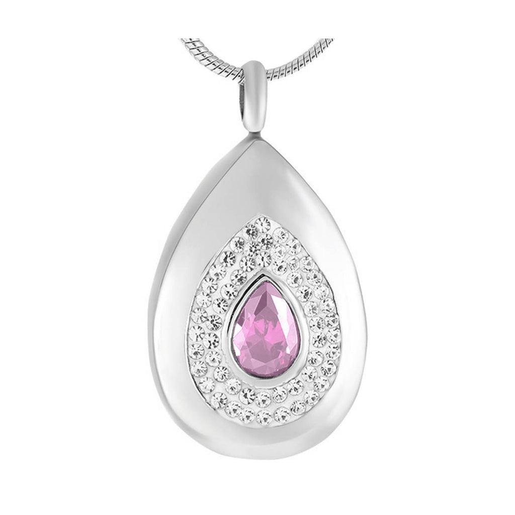 Light Amethyst Teardrop with Rhinestones - Silver-tone  - Cremation Pendant