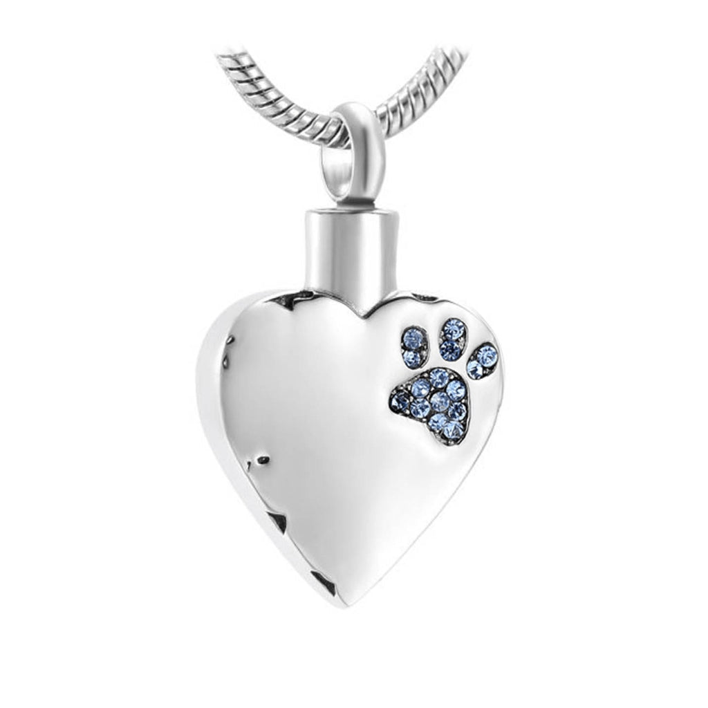 J-425 Sparkling Paw Print Silver-tone Heart - Pendant with Chain - Blue
