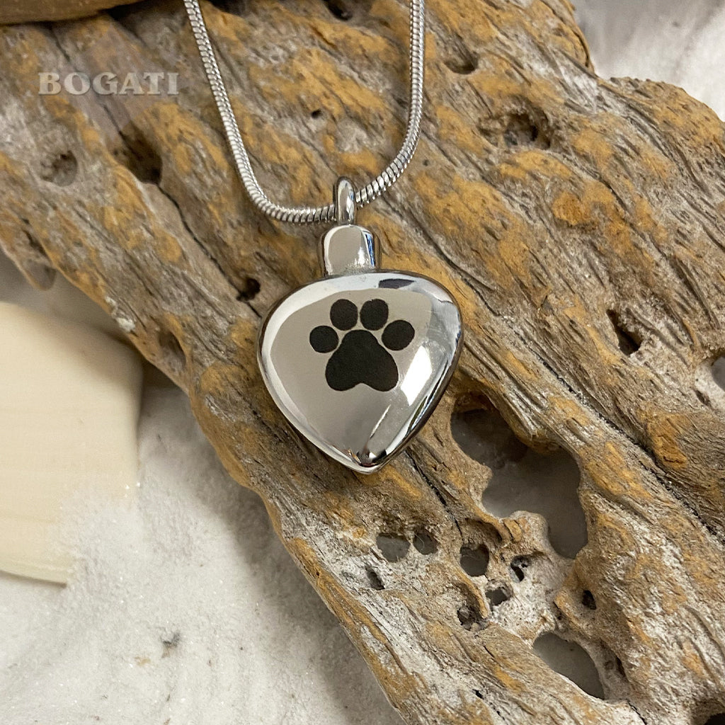 J-504 - Heart with Single Paw Print - Silver-tone - Pendant with Chain