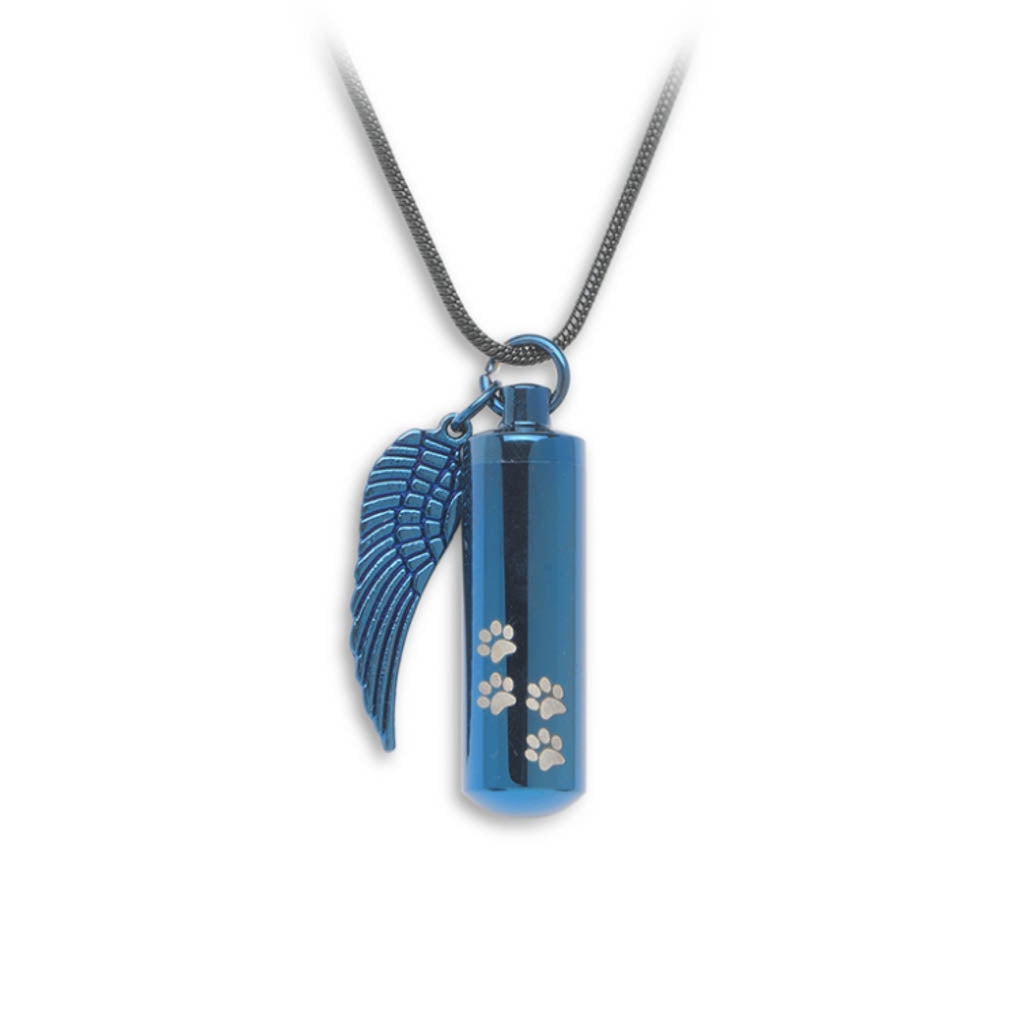 J-527 Cylinder with Paw Prints and Wing - Pendant with Chain - Blue