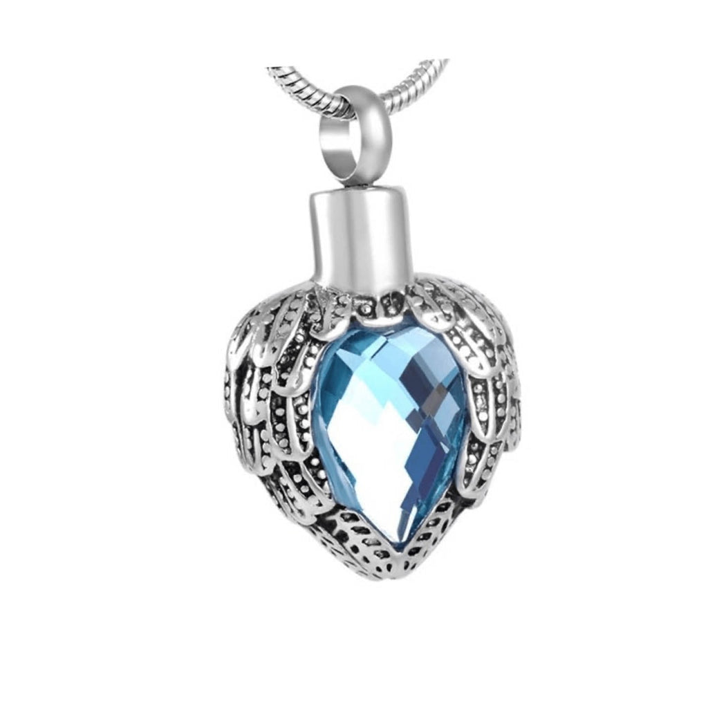J-720 - Winged Blue Heart-Stone - Silver-tone - Pendant with Chain