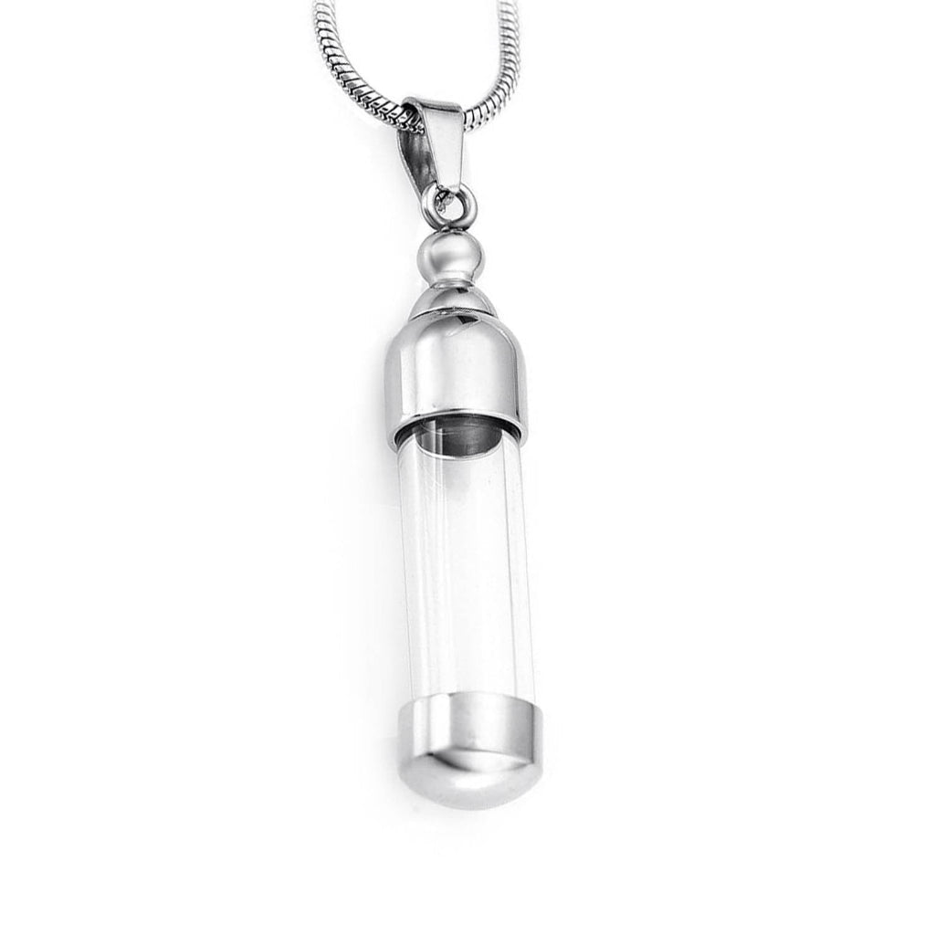 J-7889 - Fillable Glass Cylinder - Silver-tone - Pendant with Chain