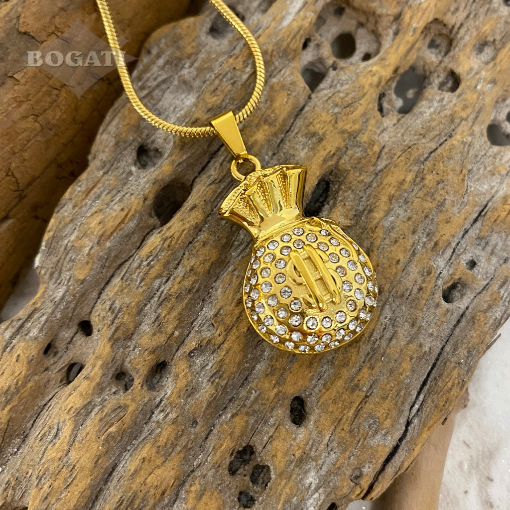 CLEARANCE - J-998 Bejeweled Money Bag - Pendant with Chain