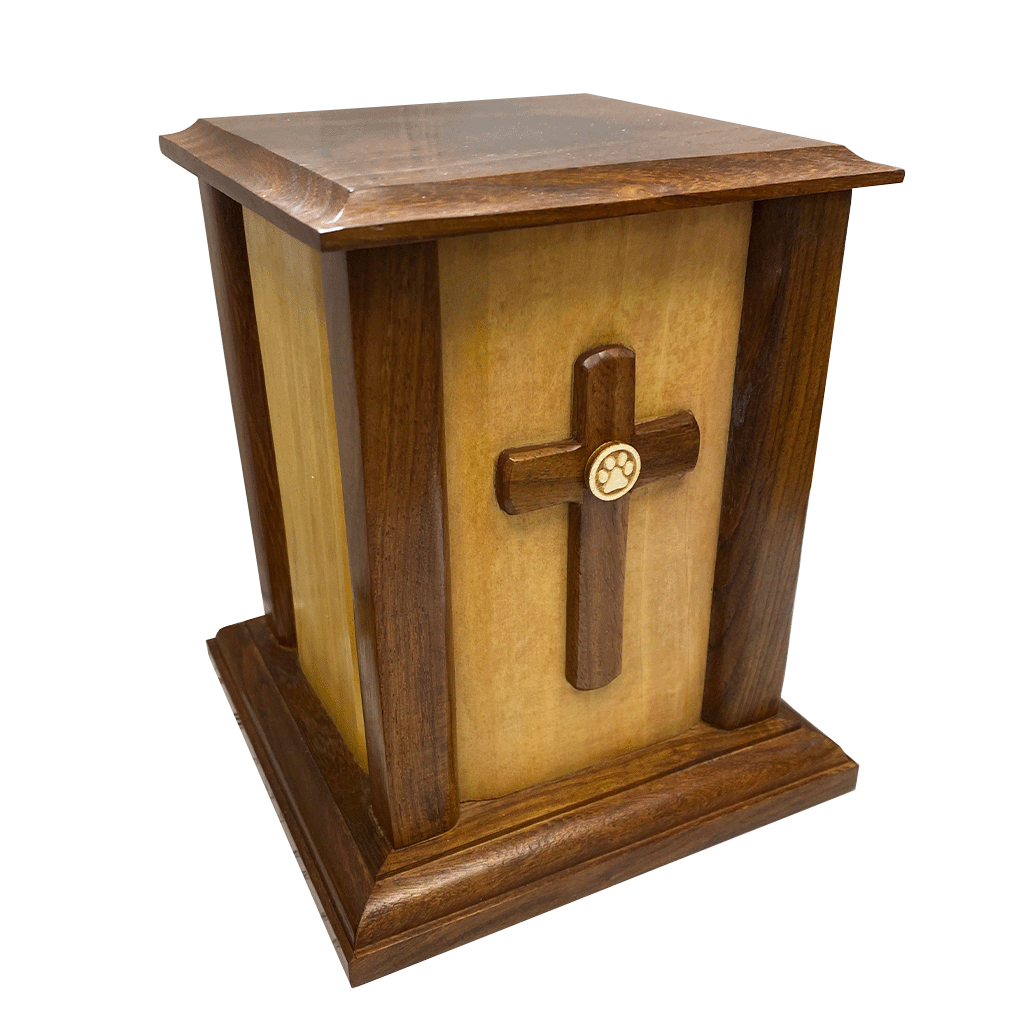 CLEARANCE - SMALL Rustic Wooden Urn -NM-CC2- with Wooden Paw Cross