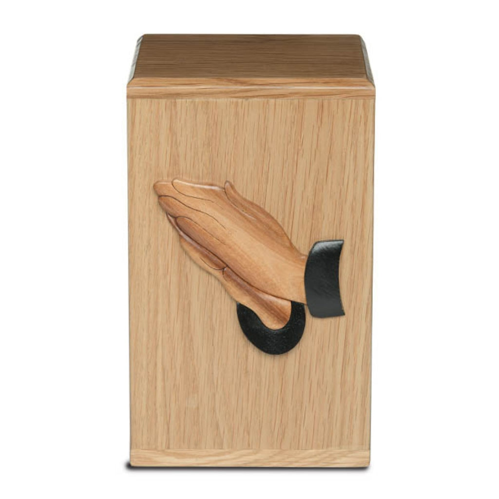 CLEARANCE - ADULT Solid Oak Tower Urn with Artisan Applique - Praying Hands 2