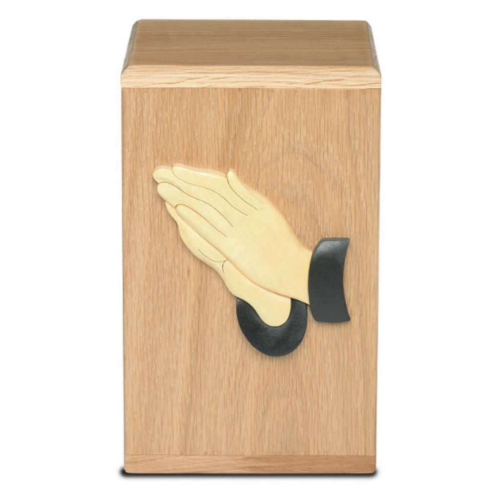 CLEARANCE ADULT Solid Oak Tower Urn with Artisan Applique - Praying Hands 1