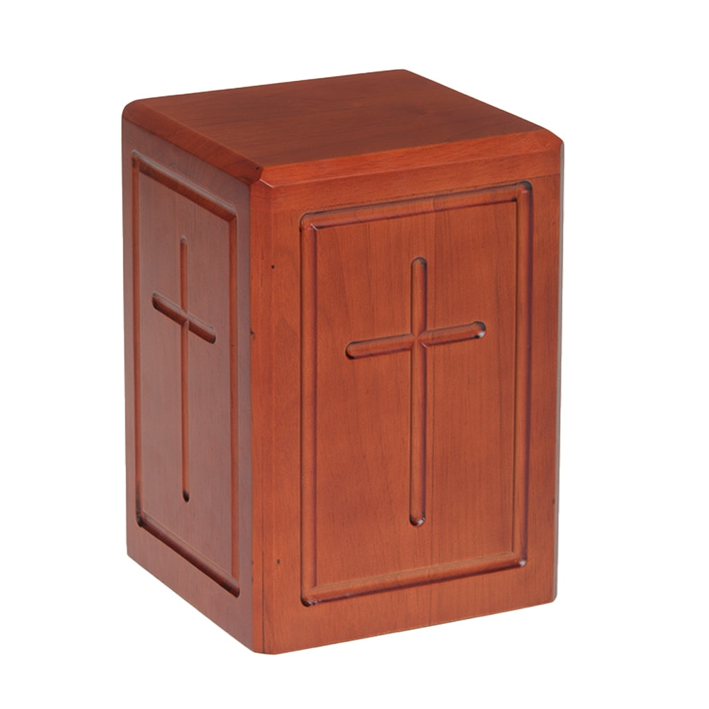 IMPERFECT SELECTION - ADULT - Rubberwood Tower Urn -720- Border and Cross - Cherry