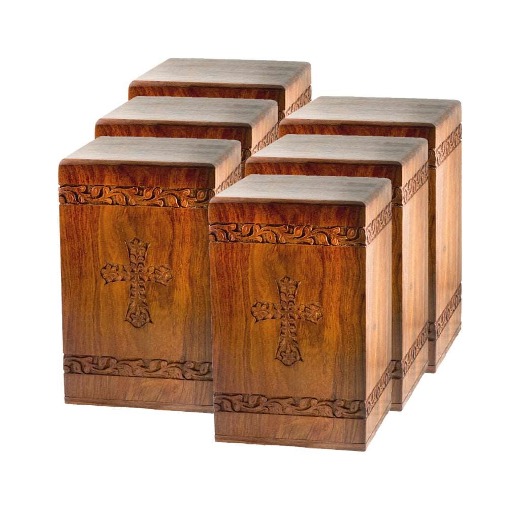 ADULT - Rosewood Tower Urn -2733- Hand-Carved Cross Design - Case of 6