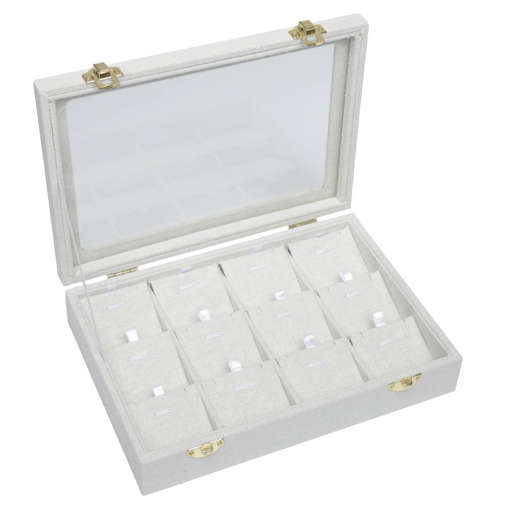 12 Piece Linen Jewelry Display with glass top - Off White