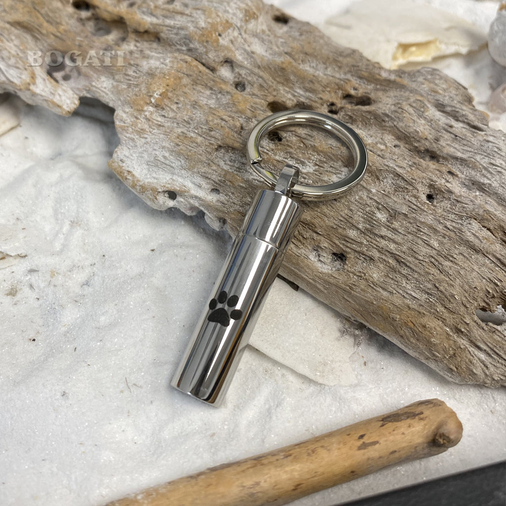 J-016 - Cylinder with Black Paw Print - Silver-tone - Keychain - Pack of 10