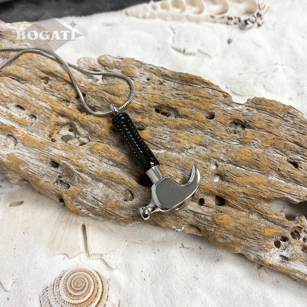 J-1408 - Hammer - Silver and Black - Pendant with Chain